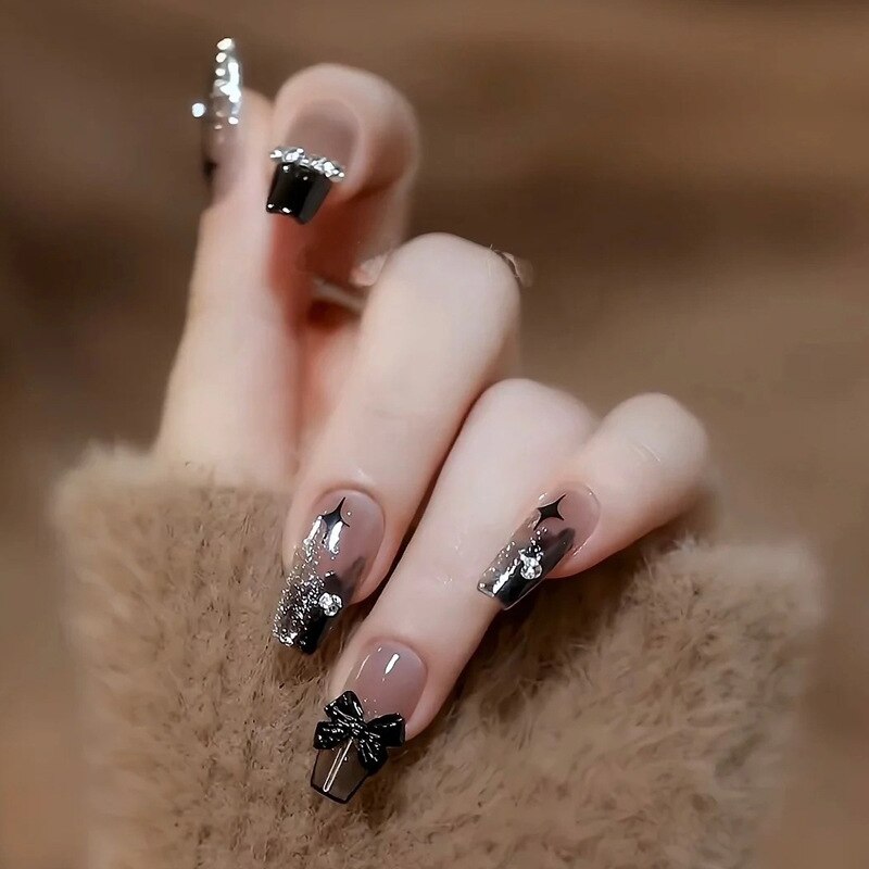24pcs Nude milky French false nails with glue white nail tips full cover artificial nails with pearl heart wearable jelly nails BY02