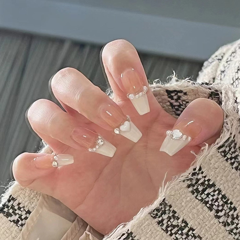 24pcs Nude milky French false nails with glue white nail tips full cover artificial nails with pearl heart wearable jelly nails BY65