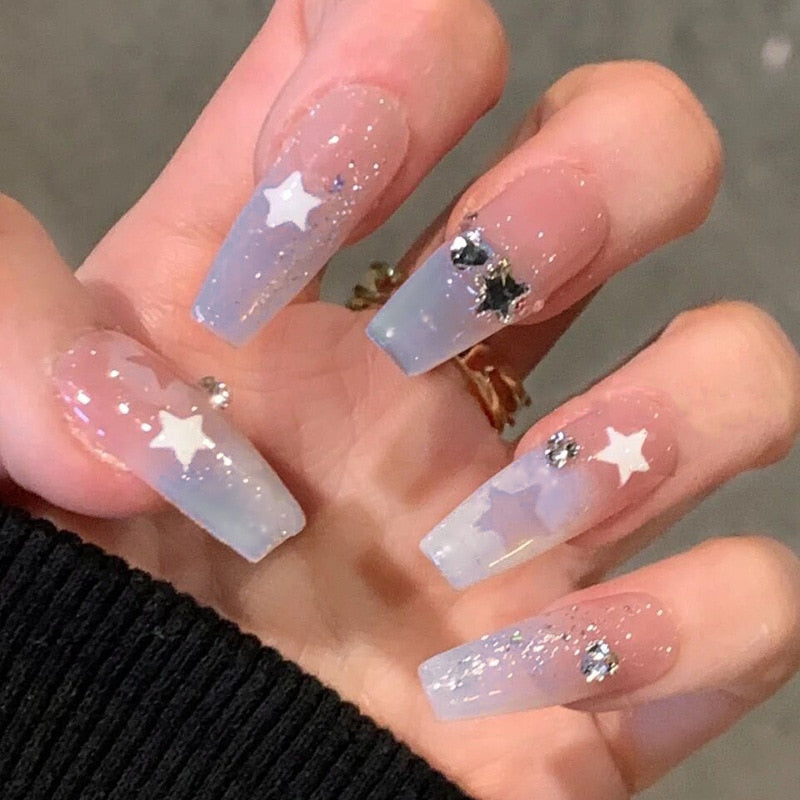 24pcs Nude milky French false nails with glue white nail tips full cover artificial nails with pearl heart wearable jelly nails 15221