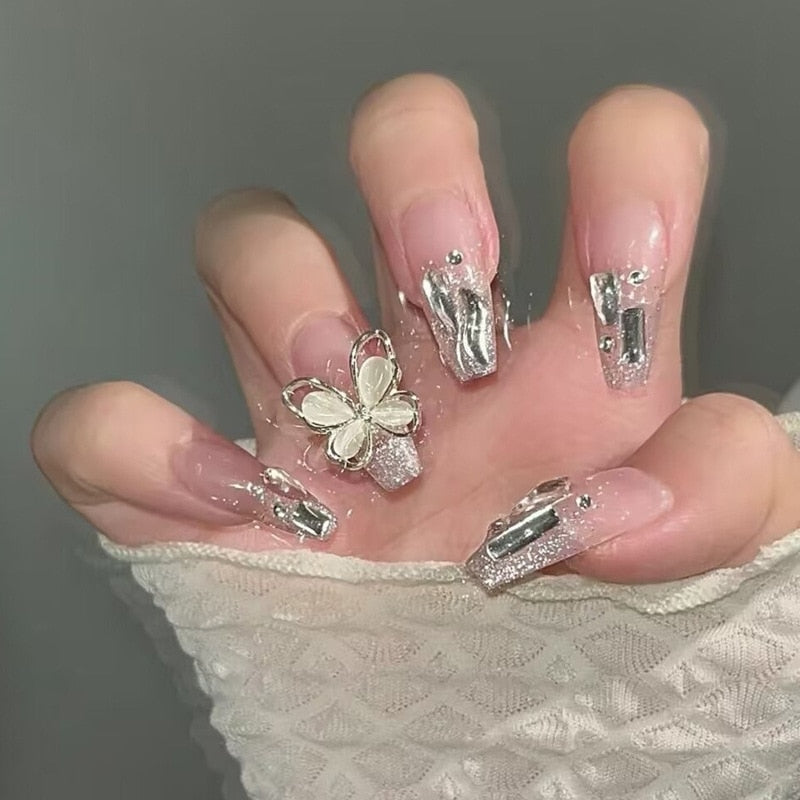 24pcs Nude milky French false nails with glue white nail tips full cover artificial nails with pearl heart wearable jelly nails BY85