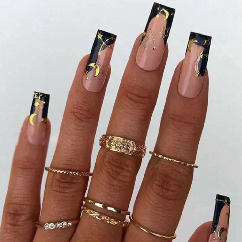 24pcs Press on Nails Punk Black White Patchwork Fire Pattern Long Coffin False Nails Ballerina Fake Nail Art Manicure Full Tips b6