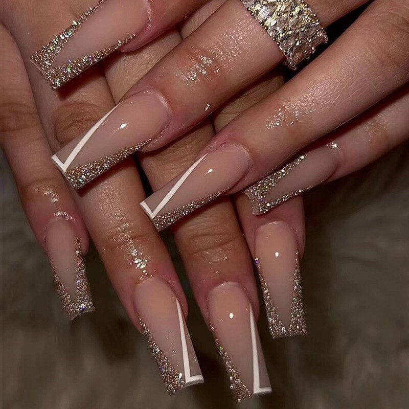 24pcs Removeable False Nails with Glue Ballet Nails with Designs Gradient Shinny Brown Press on Nails Coffin Glitter Fake Nails 2284