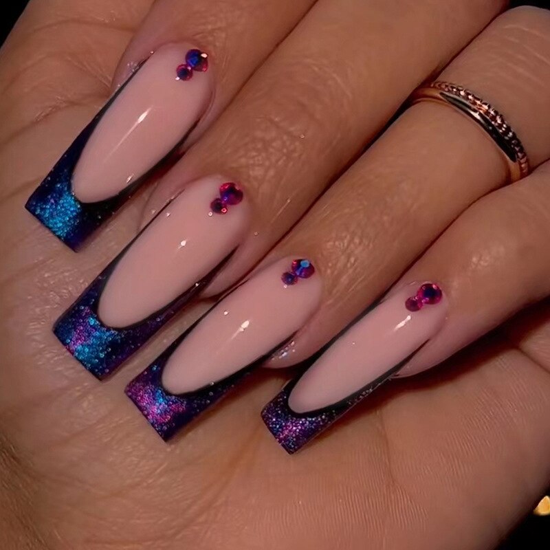24pcs Removeable False Nails with Glue Ballet Nails with Designs Gradient Shinny Brown Press on Nails Coffin Glitter Fake Nails 695