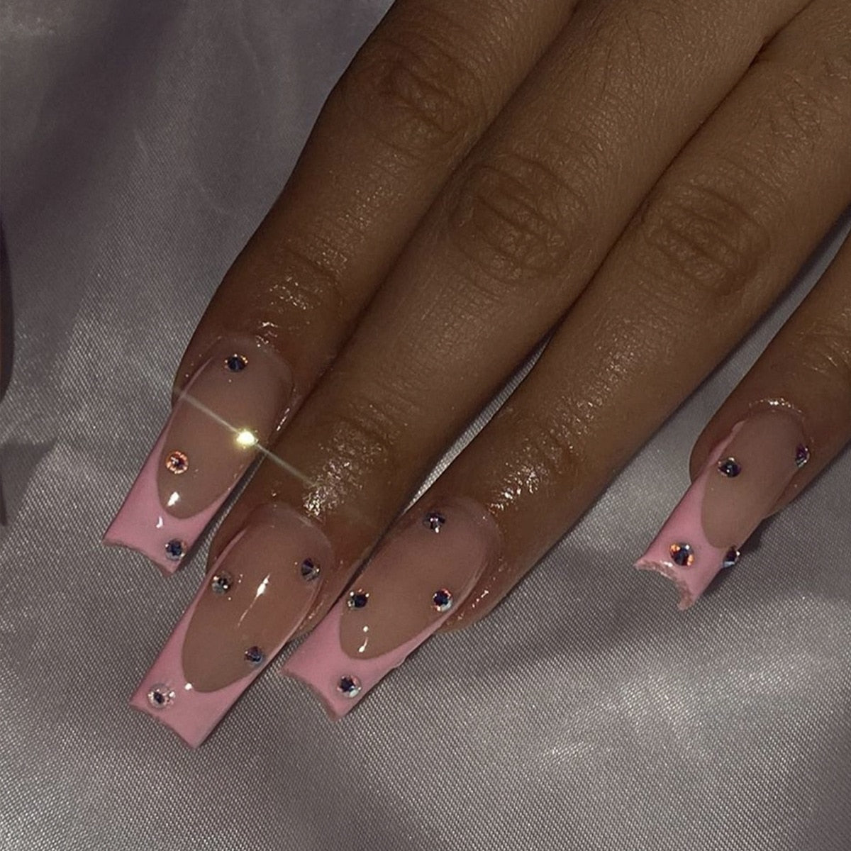 24pcs Removeable False Nails with Glue Ballet Nails with Designs Gradient Shinny Brown Press on Nails Coffin Glitter Fake Nails XY-50-34
