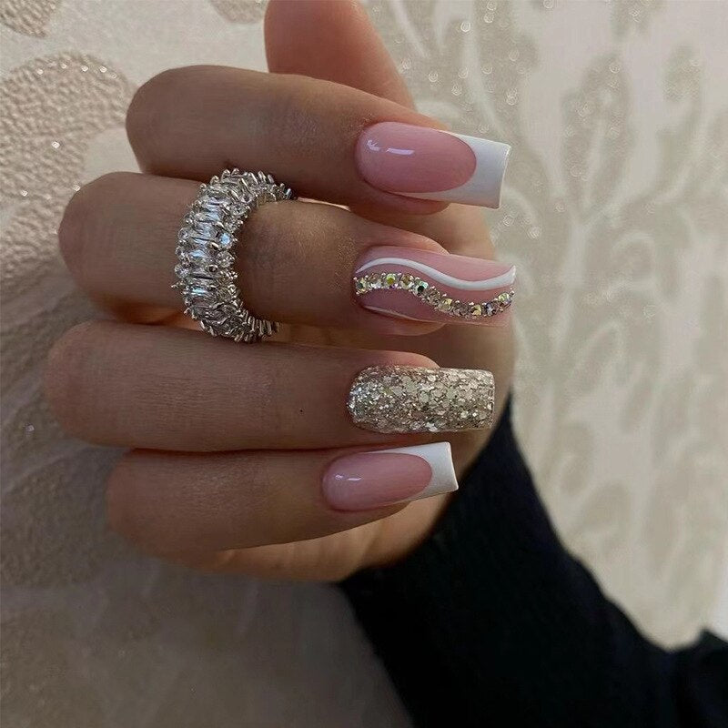 24pcs Removeable False Nails with Glue Ballet Nails with Designs Gradient Shinny Brown Press on Nails Coffin Glitter Fake Nails 2286