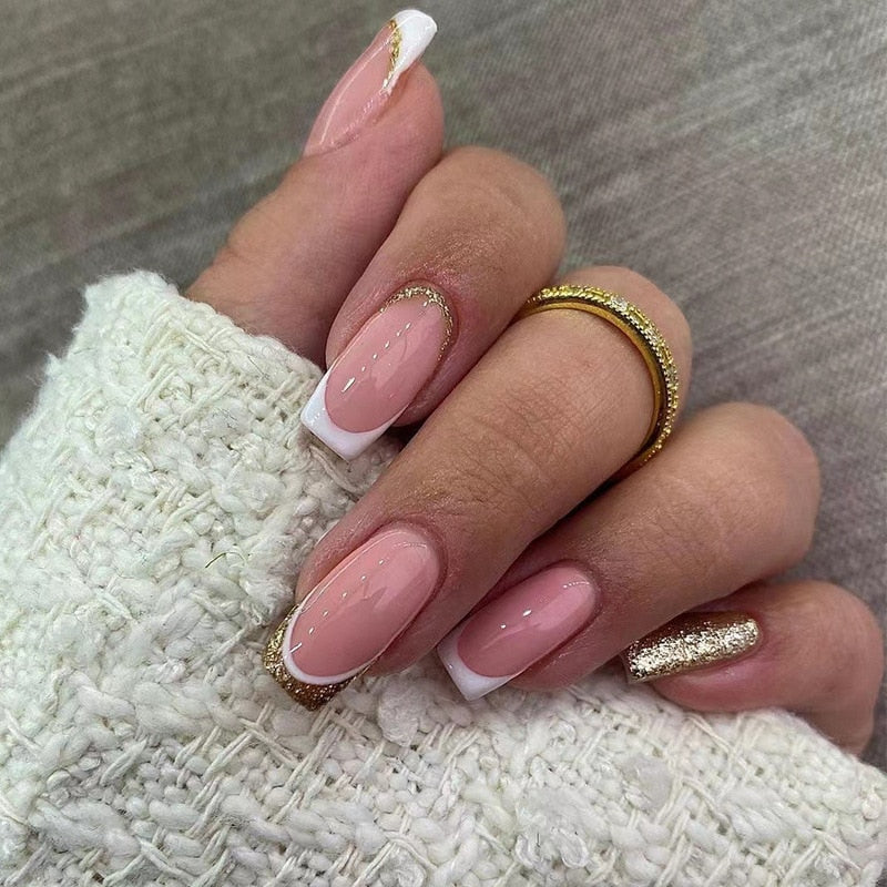 24pcs Removeable False Nails with Glue Ballet Nails with Designs Gradient Shinny Brown Press on Nails Coffin Glitter Fake Nails 2213