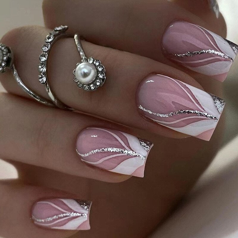 24pcs Removeable False Nails with Glue Ballet Nails with Designs Gradient Shinny Brown Press on Nails Coffin Glitter Fake Nails 499