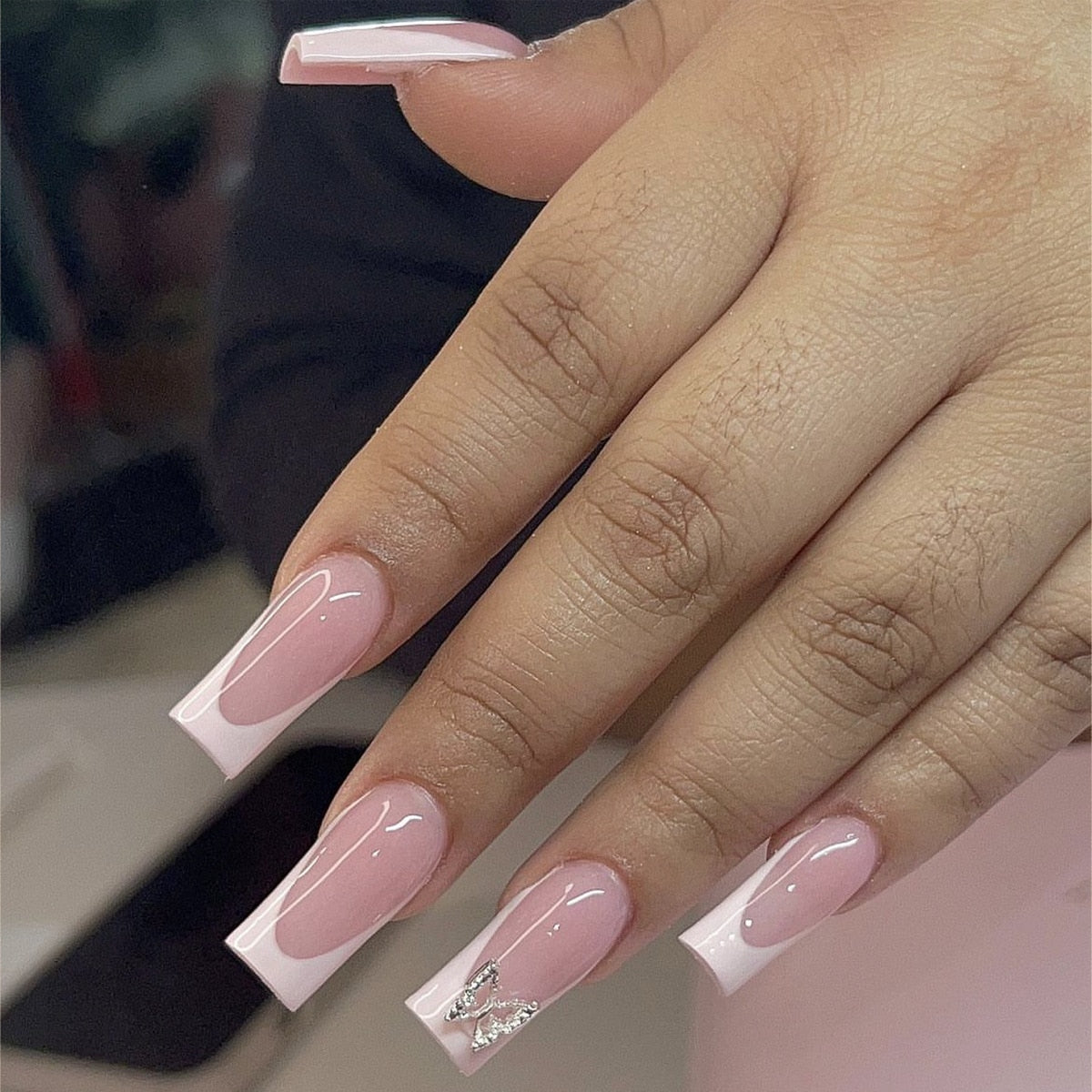 24pcs Removeable False Nails with Glue Ballet Nails with Designs Gradient Shinny Brown Press on Nails Coffin Glitter Fake Nails XY-50-22
