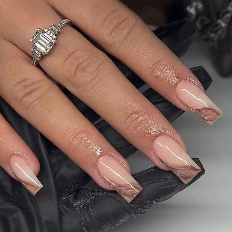 24pcs Removeable False Nails with Glue Ballet Nails with Designs Gradient Shinny Brown Press on Nails Coffin Glitter Fake Nails 374