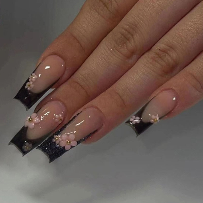 24pcs Removeable False Nails with Glue Ballet Nails with Designs Gradient Shinny Brown Press on Nails Coffin Glitter Fake Nails 682