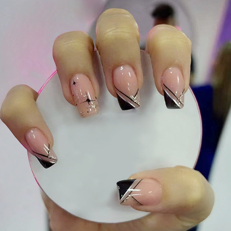 24pcs Removeable False Nails with Glue Ballet Nails with Designs Gradient Shinny Brown Press on Nails Coffin Glitter Fake Nails 351