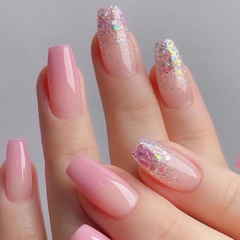 24pcs Removeable False Nails with Glue Ballet Nails with Designs Gradient Shinny Brown Press on Nails Coffin Glitter Fake Nails 2367