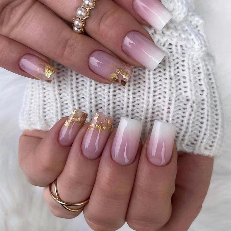 24pcs Removeable False Nails with Glue Ballet Nails with Designs Gradient Shinny Brown Press on Nails Coffin Glitter Fake Nails 2226