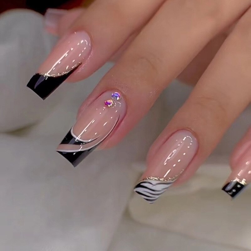 24pcs Removeable False Nails with Glue Ballet Nails with Designs Gradient Shinny Brown Press on Nails Coffin Glitter Fake Nails 696