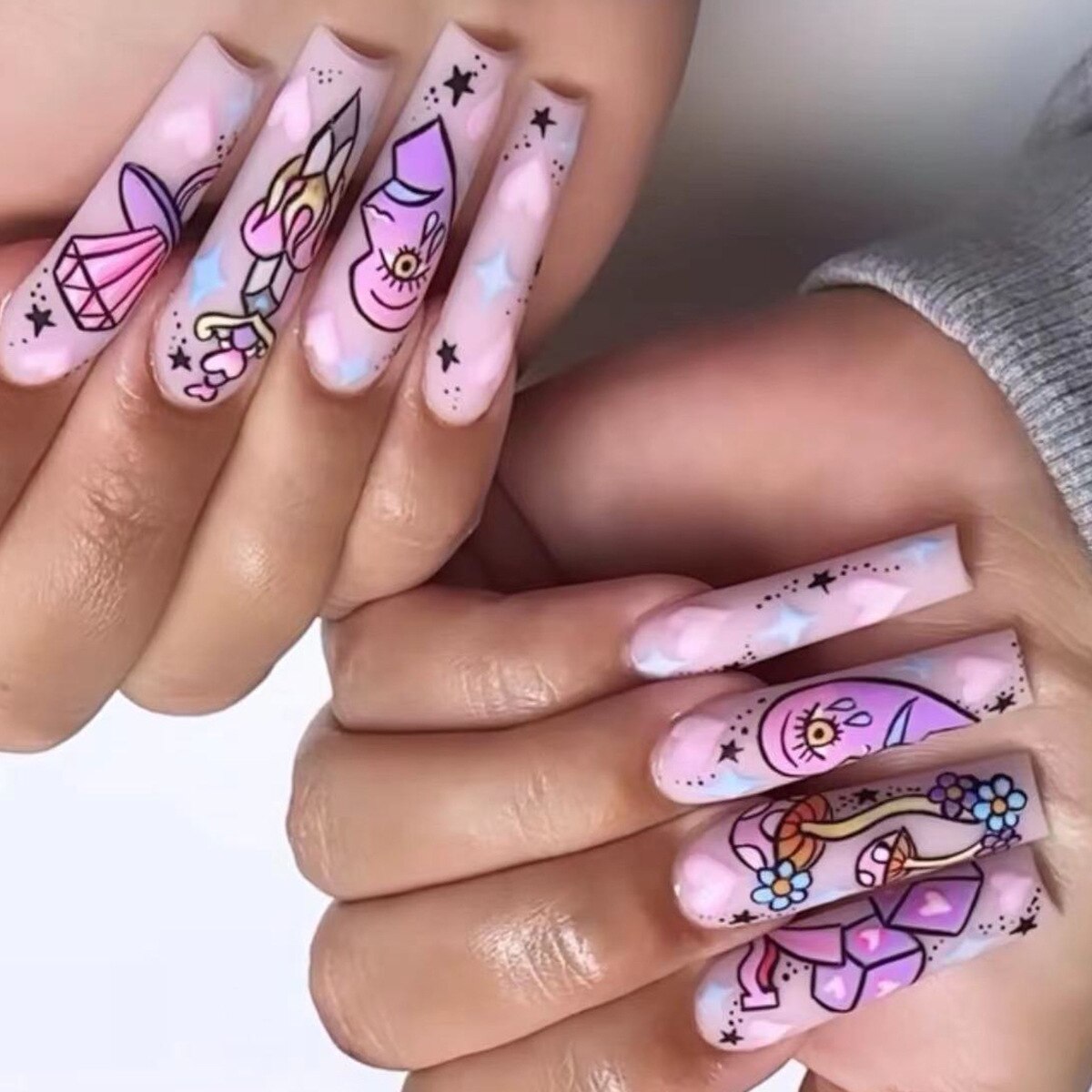24pcs Removeable False Nails with Glue Ballet Nails with Designs Gradient Shinny Brown Press on Nails Coffin Glitter Fake Nails 258