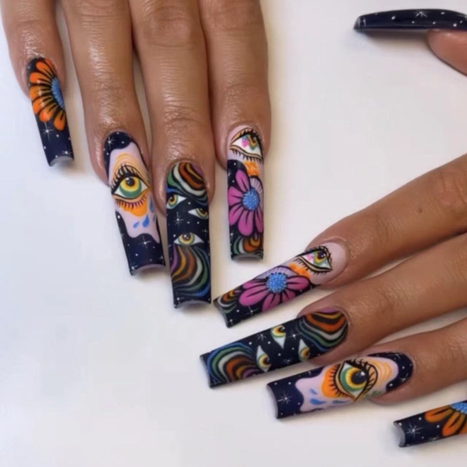 24pcs Removeable False Nails with Glue Ballet Nails with Designs Gradient Shinny Brown Press on Nails Coffin Glitter Fake Nails CJ-09