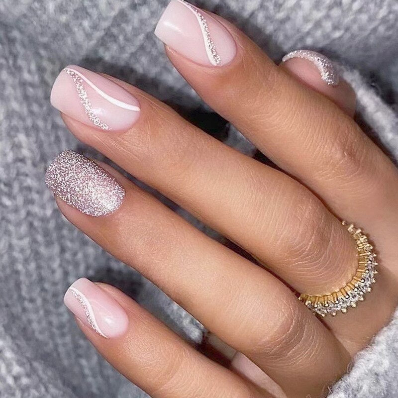 24pcs Removeable False Nails with Glue Ballet Nails with Designs Gradient Shinny Brown Press on Nails Coffin Glitter Fake Nails 1404