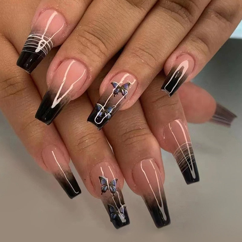 24pcs Removeable False Nails with Glue Ballet Nails with Designs Gradient Shinny Brown Press on Nails Coffin Glitter Fake Nails 471
