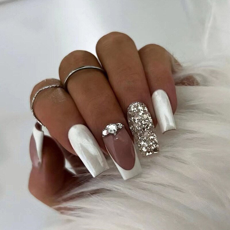 24pcs Removeable False Nails with Glue Ballet Nails with Designs Gradient Shinny Brown Press on Nails Coffin Glitter Fake Nails 579