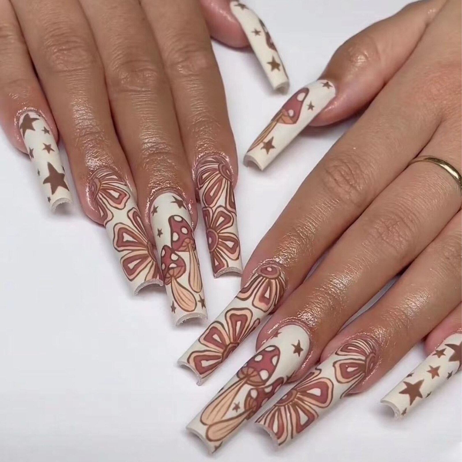 24pcs Removeable False Nails with Glue Ballet Nails with Designs Gradient Shinny Brown Press on Nails Coffin Glitter Fake Nails CJ-08