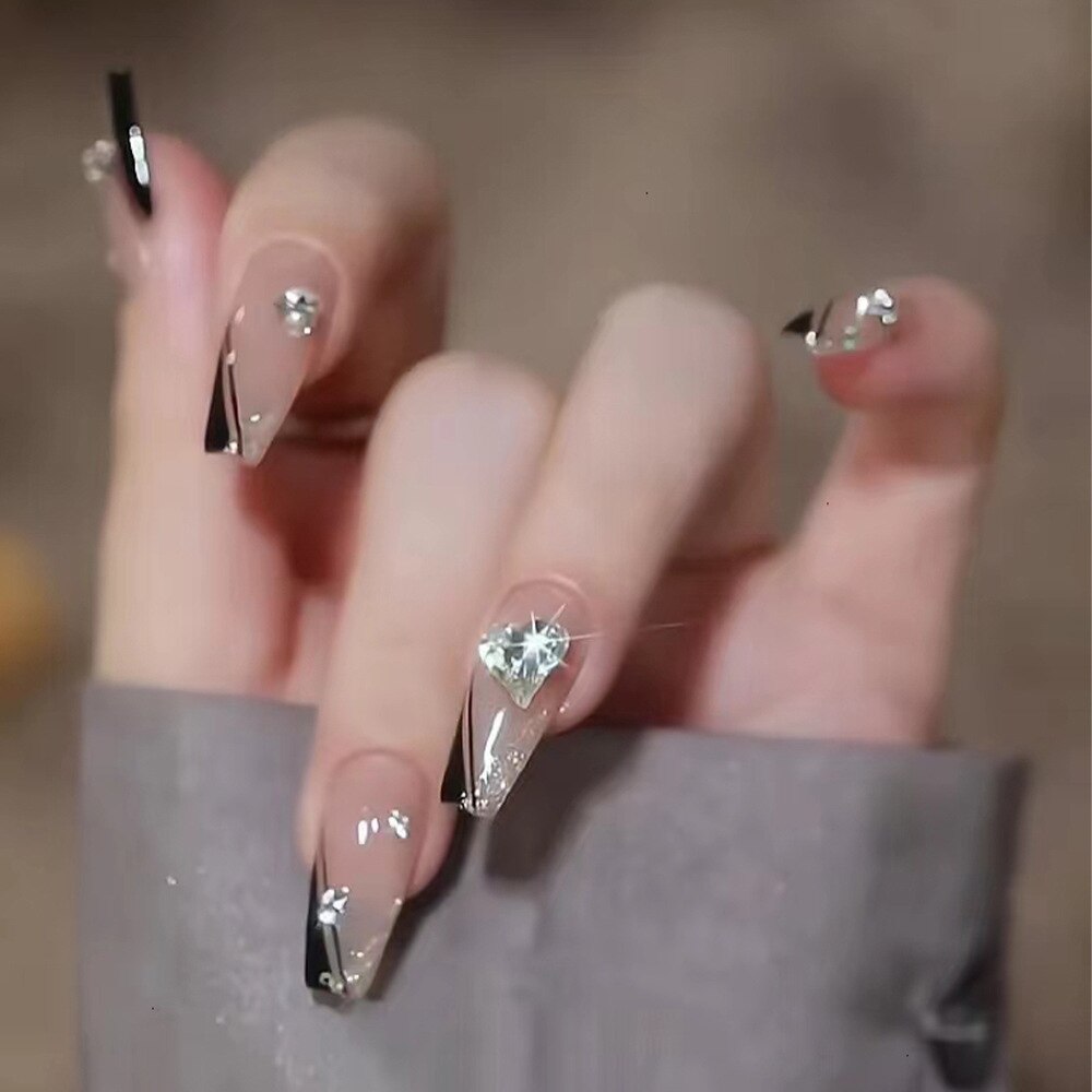 24pcs Rhinestone Design Fake Nails Shiny Bridal Women Lady party nail DIy Decorations Press On nail Tips False Nail Patch 717187