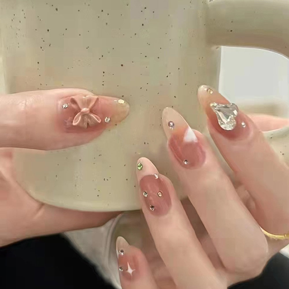 24pcs Rhinestone Design Fake Nails Shiny Bridal Women Lady party nail DIy Decorations Press On nail Tips False Nail Patch 391388