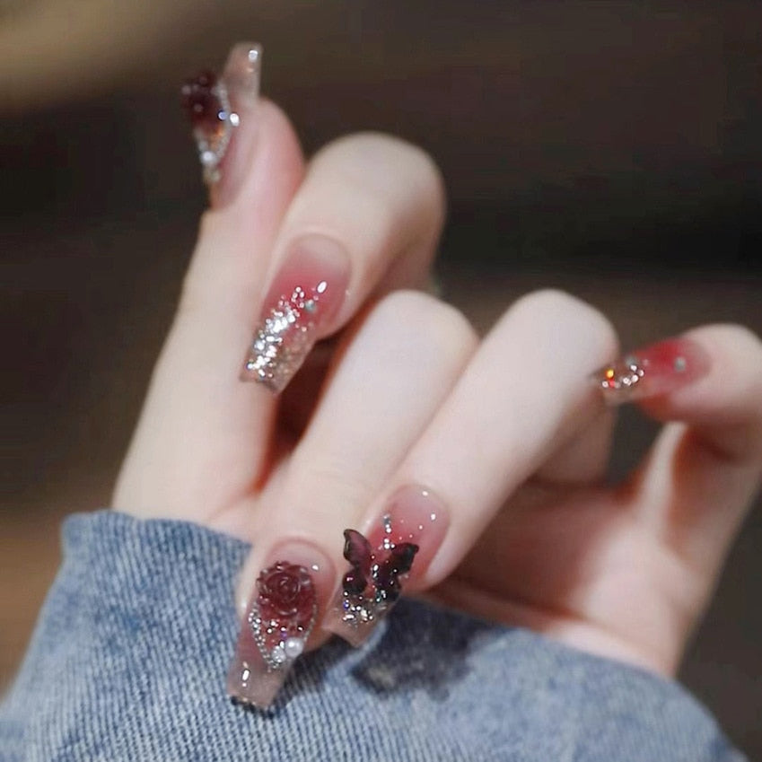 24pcs Rhinestone Design Fake Nails Shiny Bridal Women Lady party nail DIy Decorations Press On nail Tips False Nail Patch 1008492