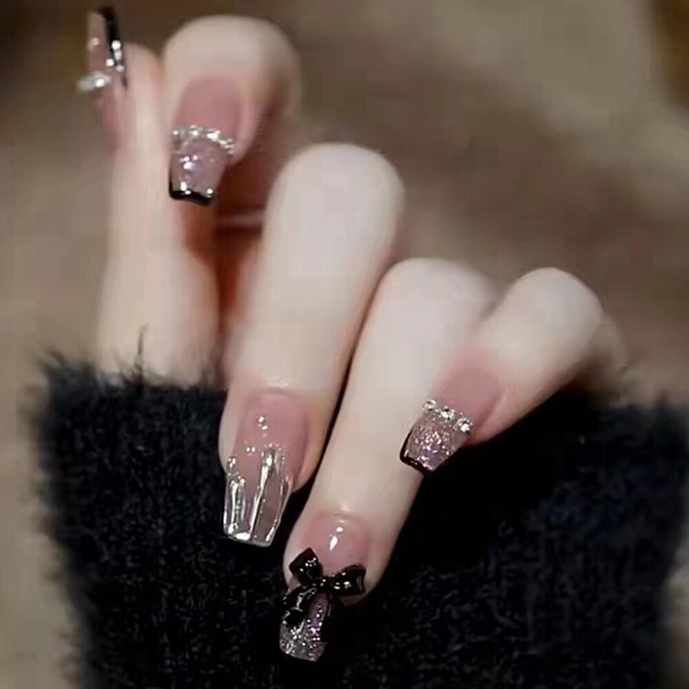 24pcs Rhinestone Design Fake Nails Shiny Bridal Women Lady party nail DIy Decorations Press On nail Tips False Nail Patch 391627