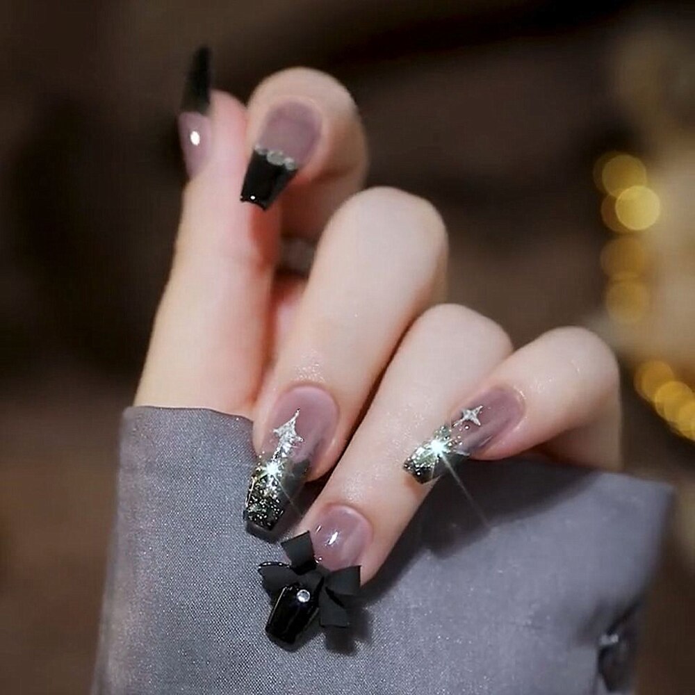 24pcs Rhinestone Design Fake Nails Shiny Bridal Women Lady party nail DIy Decorations Press On nail Tips False Nail Patch 741120