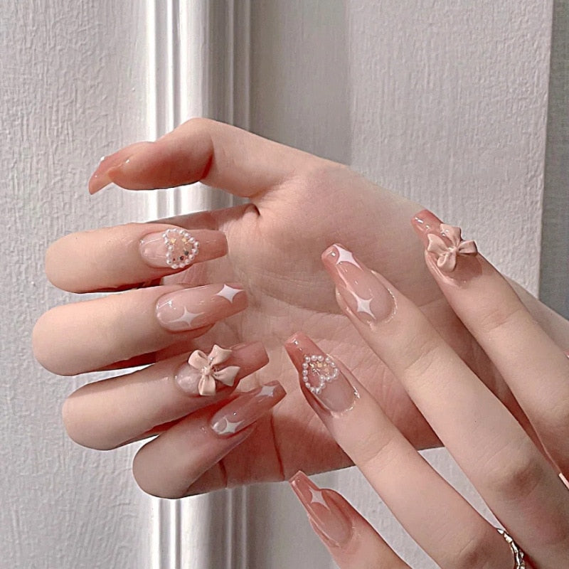 24pcs Rhinestone Design Fake Nails Shiny Bridal Women Lady party nail DIy Decorations Press On nail Tips False Nail Patch 346006