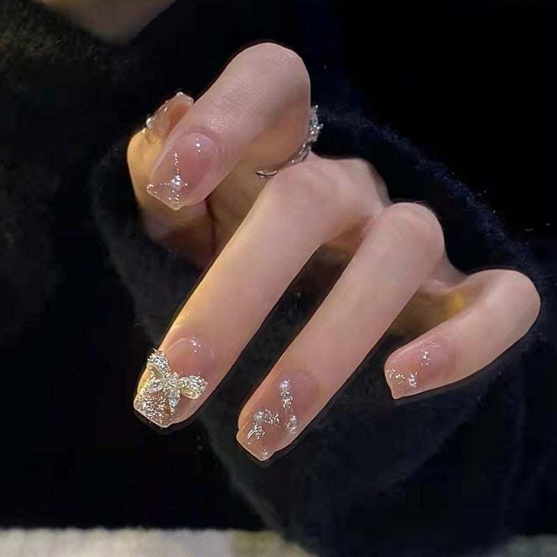 24pcs Rhinestone Design Fake Nails Shiny Bridal Women Lady party nail DIy Decorations Press On nail Tips False Nail Patch 390617