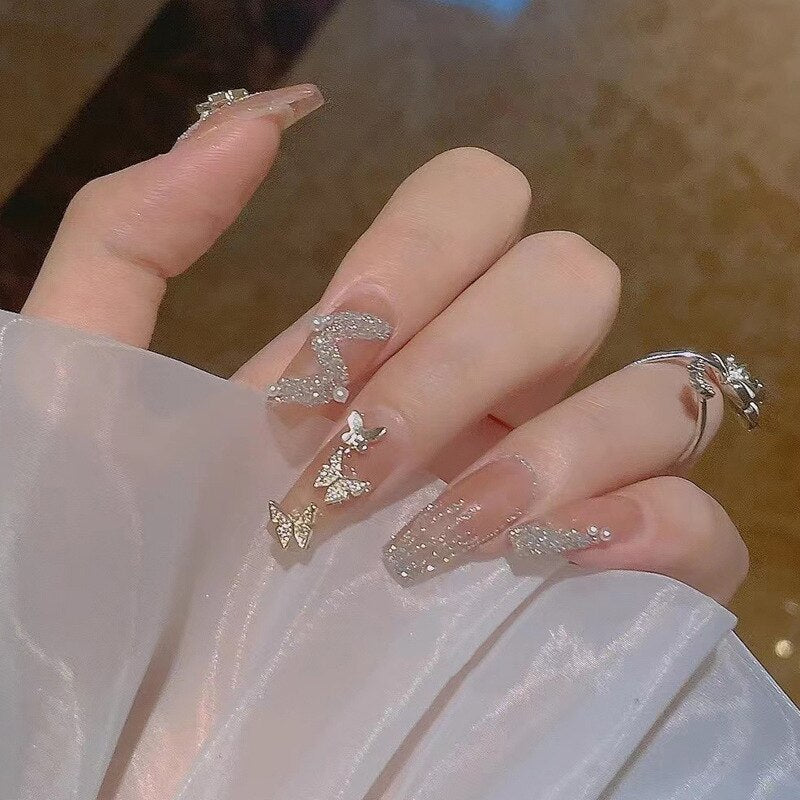 24pcs Rhinestone Design Fake Nails Shiny Bridal Women Lady party nail DIy Decorations Press On nail Tips False Nail Patch 358748