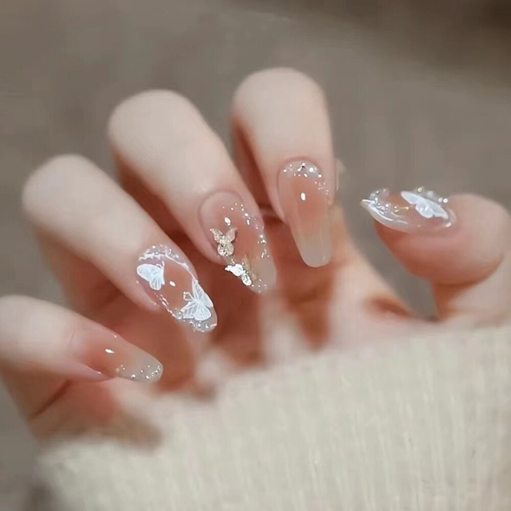 24pcs Rhinestone Design Fake Nails Shiny Bridal Women Lady party nail DIy Decorations Press On nail Tips False Nail Patch 700389