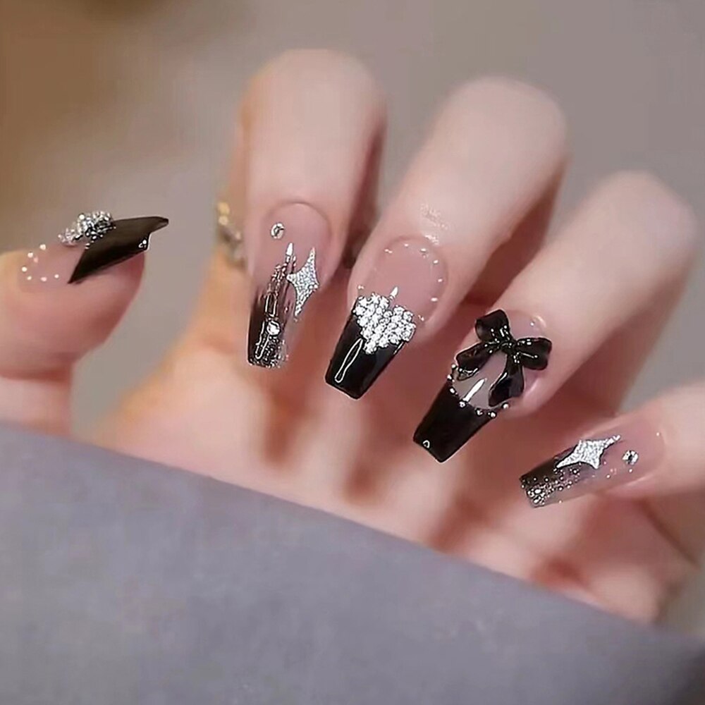24pcs Rhinestone Design Fake Nails Shiny Bridal Women Lady party nail DIy Decorations Press On nail Tips False Nail Patch 707925