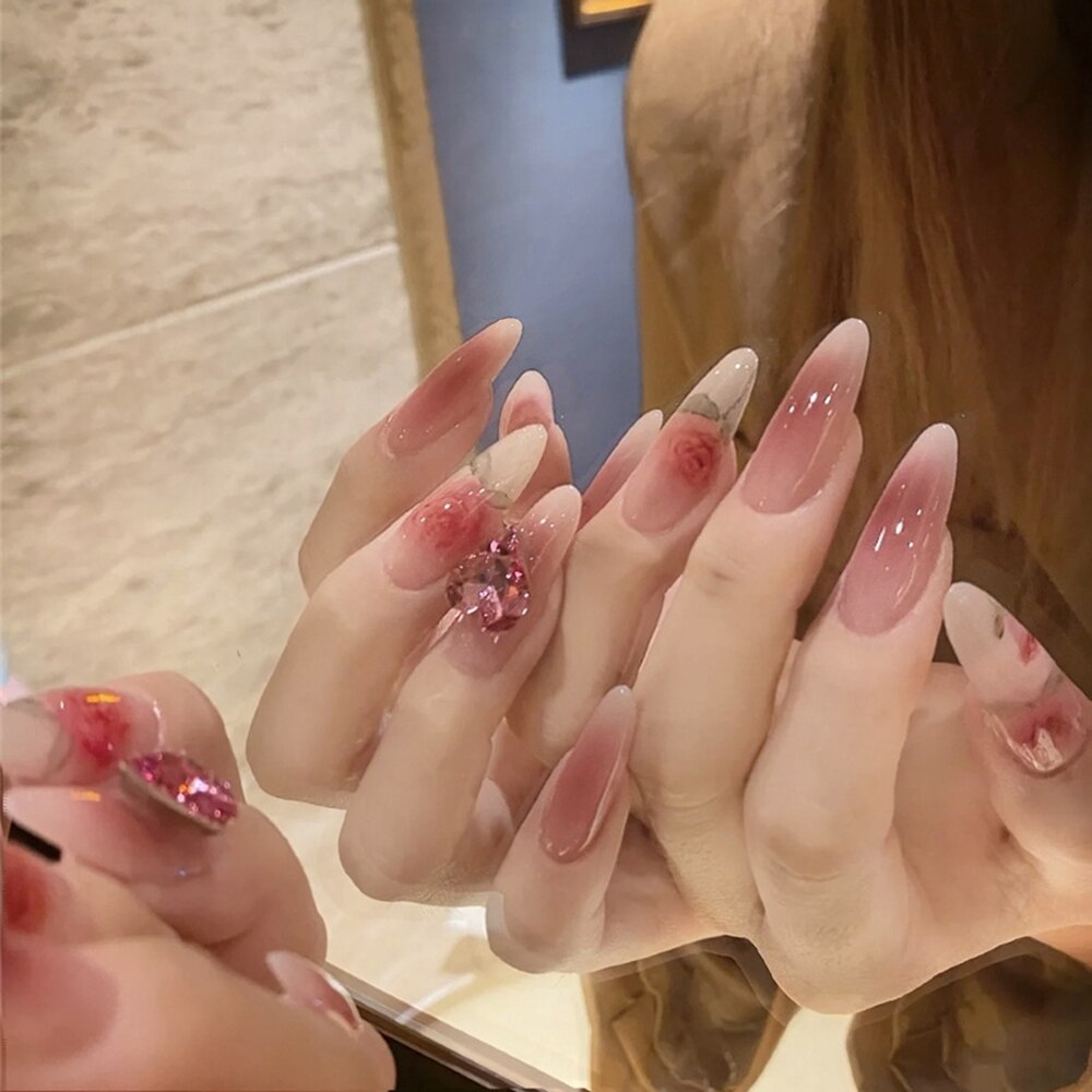 24pcs Rhinestone Design Fake Nails Shiny Bridal Women Lady party nail DIy Decorations Press On nail Tips False Nail Patch 379249
