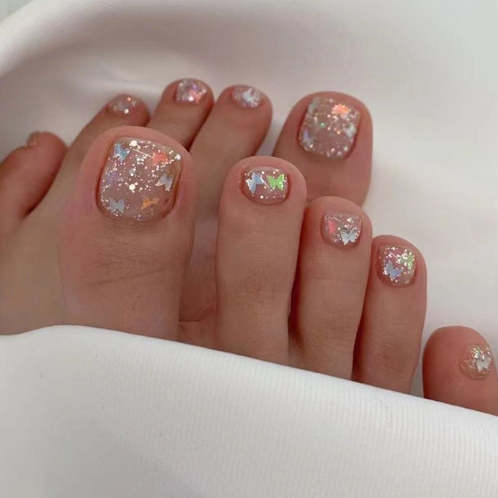 24pcs Shining Crystal French Fake Toenails Full Cover Short Square Toe Nails Foot Nails Tips for Women Girls Toenail Tips 2024 JP2434