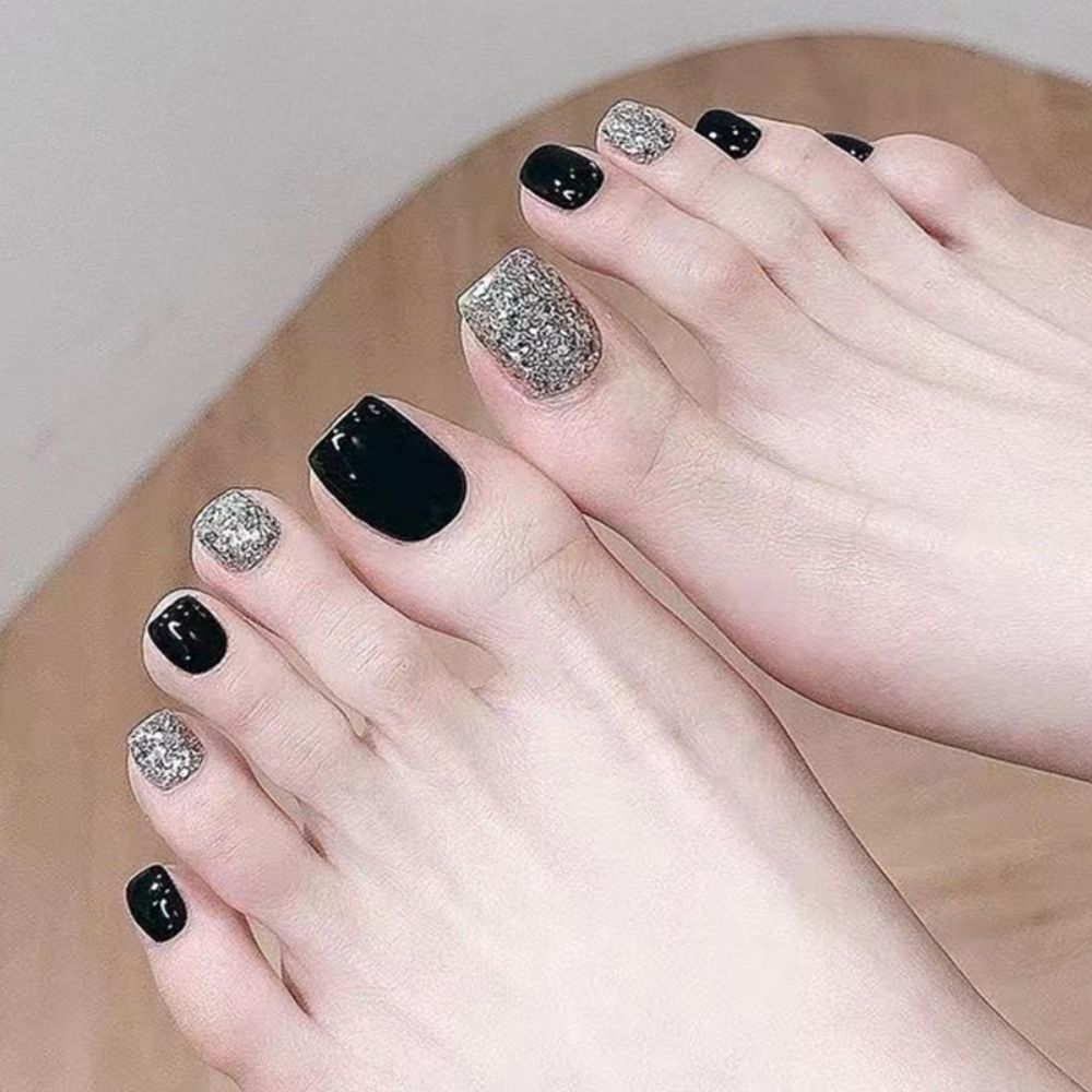 24pcs Shining Crystal French Fake Toenails Full Cover Short Square Toe Nails Foot Nails Tips for Women Girls Toenail Tips 2024 JP2472