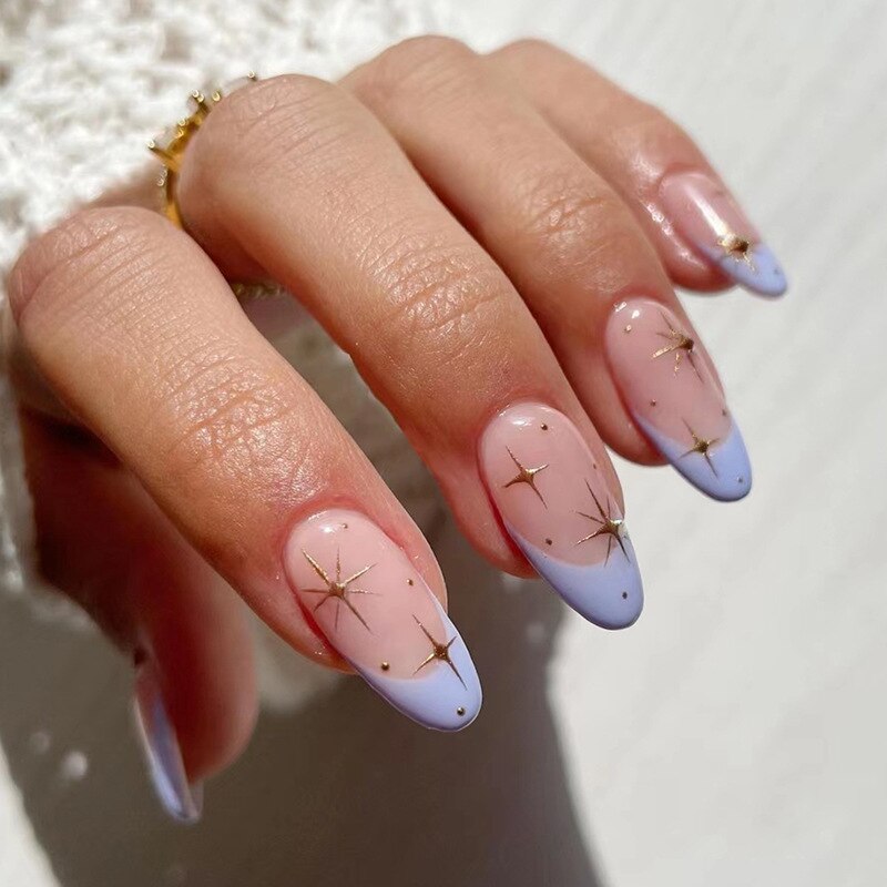 24pcs Short Almond Pink French False Nails Star Design Press on Nails Fake Nails DIY Manicure Detachable Stick-on Nail Tips YA-10