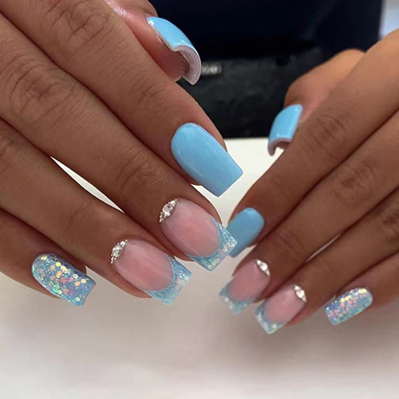 24pcs Short Square Explosive Diamond Sky Blue Armor Enhancements Fake Nails Press On Nails Full Cover Detachable Fingernails QH-555