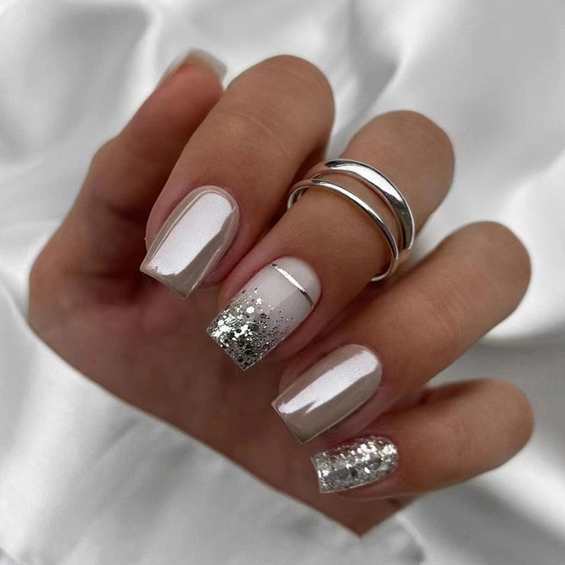 24pcs Silver glitter artificial fake nails with glue sweet cool y2k false nails with designs removeable french press on nails 299