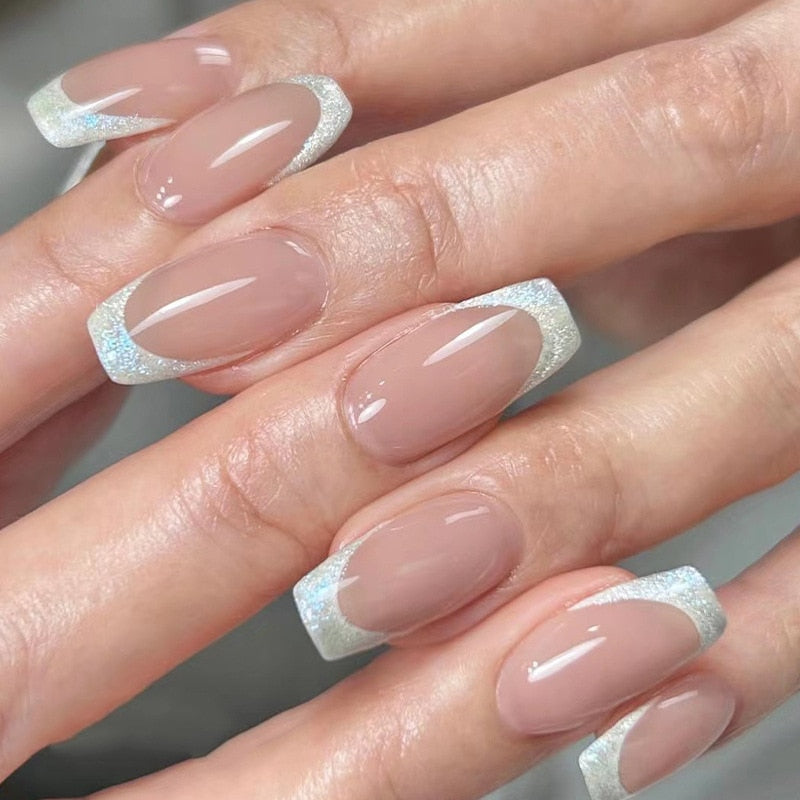 24pcs Silver glitter artificial fake nails with glue sweet cool y2k false nails with designs removeable french press on nails 2326