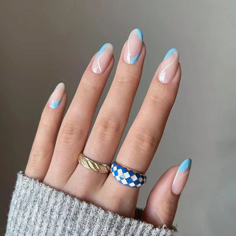 24pcs Simple Style Nail Art Colorful Lines Fake Nails In Shape Of Water Drop Press On False Nails With Glue DIY Nail Art Tips JP1351