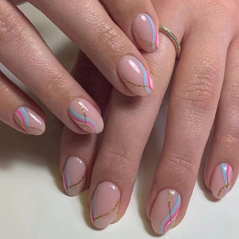 24pcs Simple Style Nail Art Colorful Lines Fake Nails In Shape Of Water Drop Press On False Nails With Glue DIY Nail Art Tips JP2548