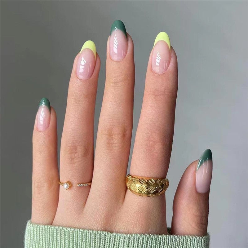 24pcs Simple Style Nail Art Colorful Lines Fake Nails In Shape Of Water Drop Press On False Nails With Glue DIY Nail Art Tips JP1346