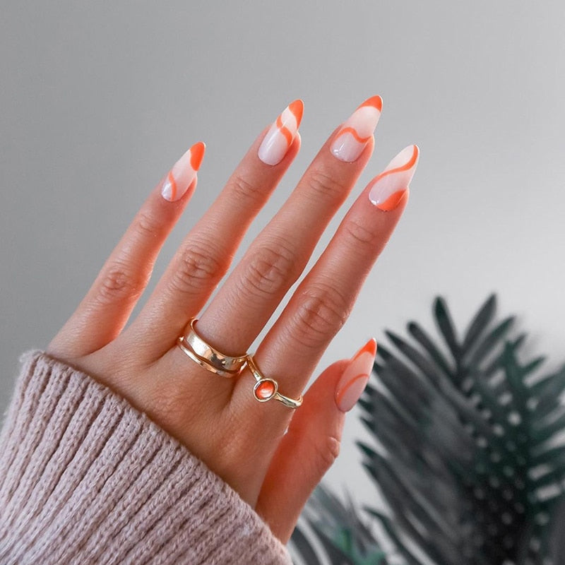 24pcs Simple Style Nail Art Colorful Lines Fake Nails In Shape Of Water Drop Press On False Nails With Glue DIY Nail Art Tips JP1421