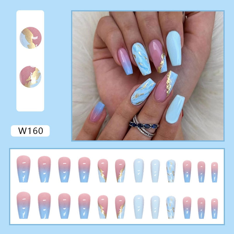 24pcs Wearable Fake Nails Blue Smudged Medium Long Coffin Gold Foil False Nails Full Cover Nail Tips Set Press On Nails DIY Tool 1
