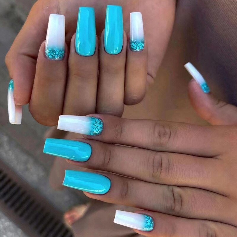 24pcs Wearable Fake Nails Blue Smudged Medium Long Coffin Gold Foil False Nails Full Cover Nail Tips Set Press On Nails DIY Tool