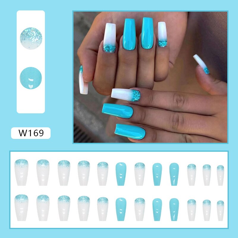 24pcs Wearable Fake Nails Blue Smudged Medium Long Coffin Gold Foil False Nails Full Cover Nail Tips Set Press On Nails DIY Tool 2