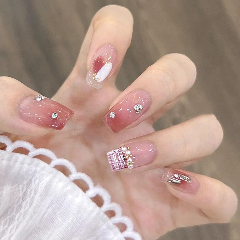 24pcs Wearable Pink Press On Fake Nails Tips With Glue false nails design Butterfly Lovely Girl false nails With Wearing Tools 15242