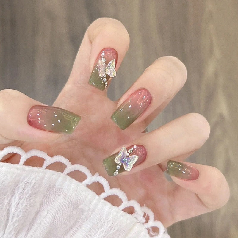 24pcs Wearable Pink Press On Fake Nails Tips With Glue false nails design Butterfly Lovely Girl false nails With Wearing Tools 15243